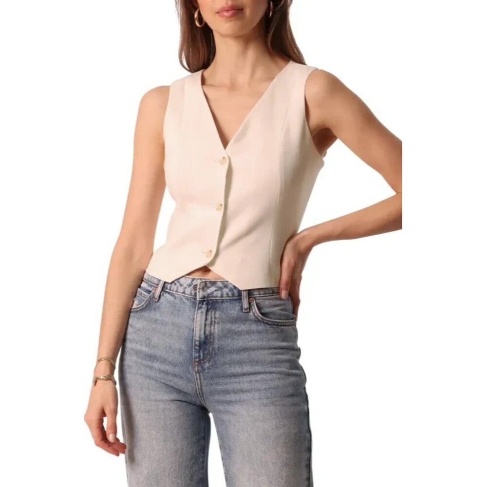 AVEC LES FILLES Size Medium Button-up Crop Vest In Cream NEW